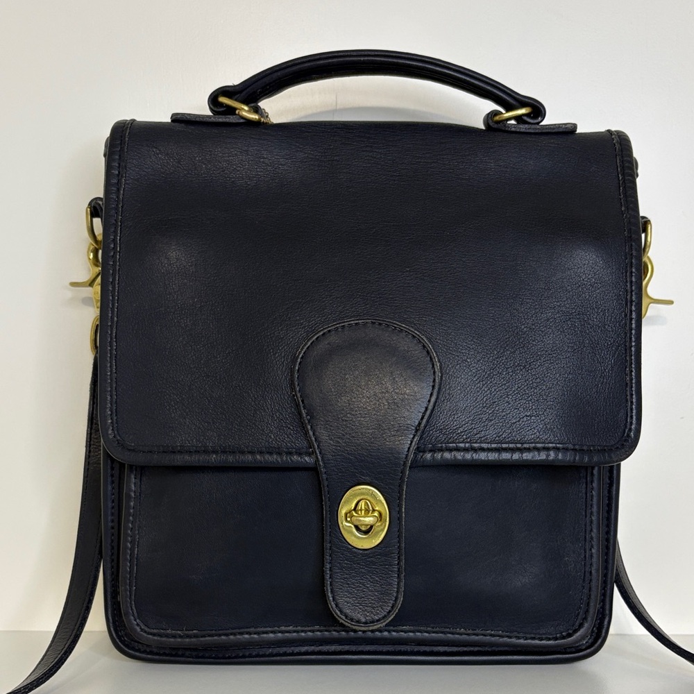 Vintage Navy Blue Leather Top-Handle Crossbody Bag with Gold Hardware